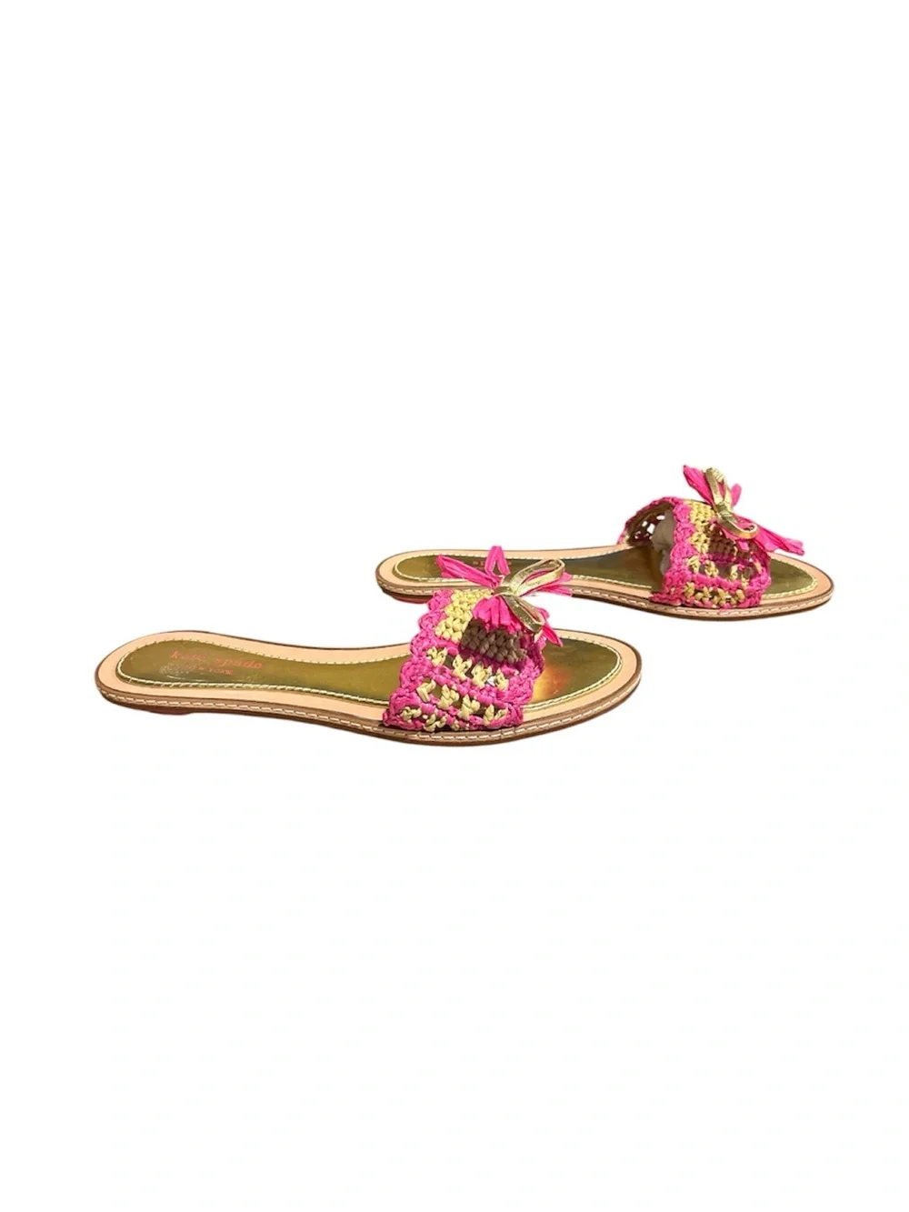 Kate Spade Pink Raffia and Gold Bow Amelia Slide Sandals